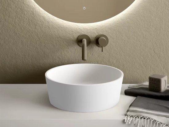 Vasque lavabo, à poser, Finition blanc ou de couleurs, forme cylindrique offre un espace généreux, Matière Résine Solid-Surface, Taille Ø38 x 12,5 cm - LIVRAISON OFFERTE